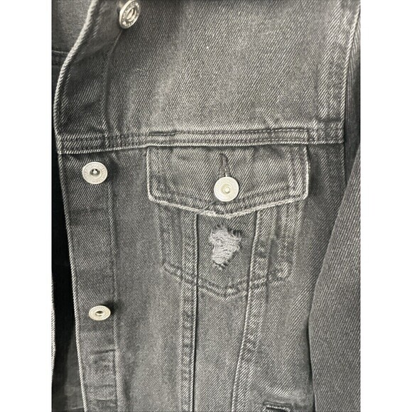 Zara Kids Black Denim Jacket Size 11/12 Distressed Look Cotton Button Closure - Picture 4 of 8